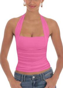 lot 1074 image: GOBLES Womens Sexy Sleeveless Square Neck Going Out Top Strappy Tie Slim Fit Cute Crop Top Pink Large