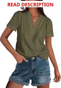 lot 1077 image: PRETTYGARDEN Womens Summer Tops Casual Short Sleeve V Neck Cotton Shirts Dressy Pleated Basic Tunic Work Blouses Black Small