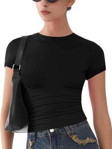 lot 1082 image: Womens Slim Fit Basic Crew Neck Short Sleeve Crop T-Shirt Summer Casual Streetwear Active Yoga Top 4-Way Stretch Fabric Black Medium