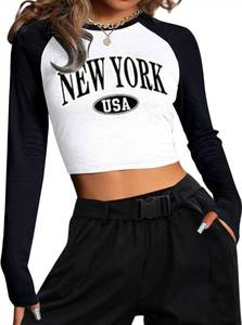 lot 1094 image: Avanova Women New York Graphic Crop Top Raglan Long Sleeve Color Block Tee Shirt White Black E X-Small