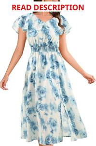 lot 1095 image: Bridesmay Womens Summer Floral Midi Dresses Ruffle Sleeve Beach Wedding Guest Dress V Neck Swing Flowy Dresses Red, Pink Flower XL