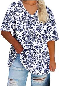 lot 1102 image: ONLYSHE Womens Shirts Cute Summer Lightweight Tunic Flowy Tops Short Sleeve Blouse Dressy Casual White and Blue Medium