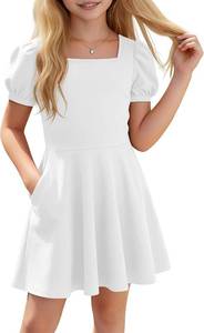 lot 1110 image: Girls Summer Dress Square Neck Puff Sleeve Kids A Line Casual Twirl with Pockets White 67