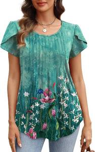 lot 1111 image: OFEEFAN Womens Tops Tulip Short Sleeve Blouses Pleated Front Summer Beach Vacation Outfits Aqua Large