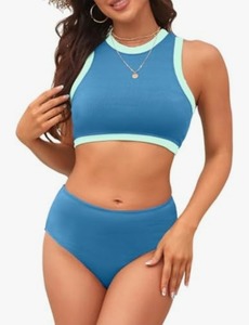 lot 1121 image: XUNYU Women High Waisted Bikini Set Ribbed 2 Piece Bestselling Swimsuit Tummy Control Bathing Suit for Teens Blue and Green Large