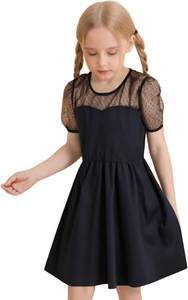 Girls Church Dresses Contrast Mesh Puff Short Sleeve High Waist A Line Summer Outfits 8-9Y Black