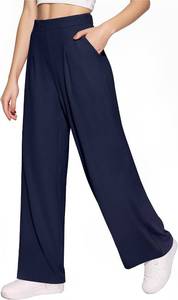 lot 1126 image: CLOZOZ Womens High Waisted Dressy Pants Tummy Control Waffle Knit Loose Fit Straight Leg Stretch Casual Wide Leg Trouser Deep Blue Large