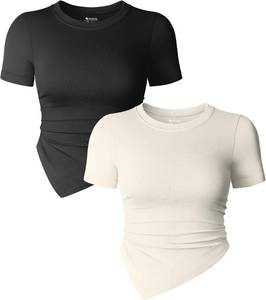 lot 1131 image: OQQ Womens 2 Piece Tops Short Sleeve Crew Neck Ruched Stretch Fitted Tee Shirts Tops Black and Beige Medium