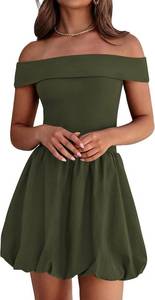 lot 1132 image: PRETTYGARDEN Women Summer Sexy Off Shoulder Bubble Dress 2025 Cocktail Party Mini Dresses with Pockets Olive Green Medium