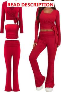 lot 1133 image: Bellelily Womens 3 Piece Lounge Sets V Neck Long Sleeve Cross Wrap Shirts Tube Crop Tops Fold Over Flare Pants Tracksuits Cream Medium