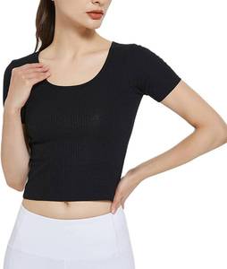lot 1140 image: Women Tops Tight Short Sleeve Shirt Slim fit Cropped Basic T-Shirt Crewneck Crop Top Streetwear Black Medium