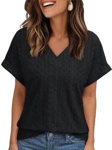 lot 1142 image: AUTOMET V Neck T Shirts for Women Eyelet Embroidery Summer Spring Casual Cute Tops Fashion Beach Vacation Clothes Black Small
