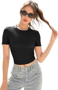lot 1155 image: Womens Slim Fit Basic Crew Neck Short Sleeve Crop T-Shirt Summer Casual Streetwear Active Yoga Top 4-Way Stretch Fabric. Black Medium