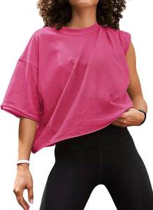 lot 1167 image: Womens Oversize Workout Crop Tops Short Sleeve Crewneck Drop Shoulder Boxy T Shirts Summer Casual Solid Basic Tees Pink XL