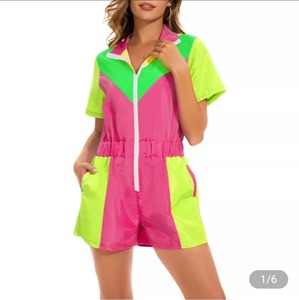 lot 1169 image: Ecinkool Womens Color Block One Piece Outfits Short Sleeve Zipper Elastic Waist Windbreaker Rompers Short Jumpsuits Multicolor XXL