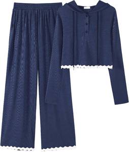 lot 1173 image: Two Piece Sets for Women Casual Lounge Sets Cropped Half Button Hoodie Top Wide Leg Pants Ribbed Knit Tracksuit Navy Blue Medium