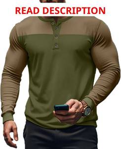 lot 1174 image: Mens Henley Shirts Colorblock Long Sleeve Henley Collar T-Shirt Lightweight Button Pullover Shirt Tan and Green Large