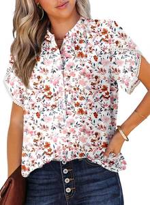 lot 1175 image: Dokotoo Womens Casual V Neck Floral Print Smocked Short Cap Sleeve Button Down Chiffon Blouses Pleated Top Shirts White Floral Medium