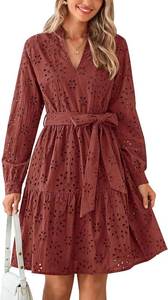 lot 1179 image: PRETTYGARDEN Womens Long Sleeve Spring Dress Casual Fall V Neck A Line Hollow Out Eyelet Wedding Guest Short Dresses Black XL