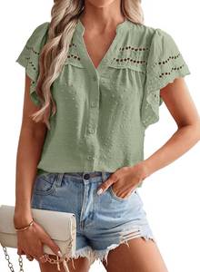 lot 1188 image: Falechay Womens Swiss Dot Summer Tops Button Down V Neck Blouses Eyelet Flutter Short Sleeve Shirts Boho Embroidered Dressy Green Small