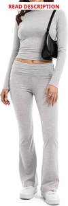 lot 1190 image: MANGOPOP 2 Piece Lounge Sets for Women Fold Over Flare Pants Long Sleeve Top V-Cut Flare Leggings Fall Pajamas Casual Outfits Dark Grey Small