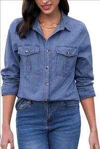 lot 1206 image: GRAPENT Denim Button Down Shirts for Women Long Sleeve Western Top Casual Cotton Relaxed Fit Jean Shirt Jacket Shacket Large