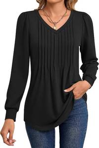 lot 1213 image: Riyiper Womens Tunic Top, Pleated V Neck Shirt Puff Smocked Long Sleeve Tee Fall Dressy Casual Loose Blouse Trendy Black,Large