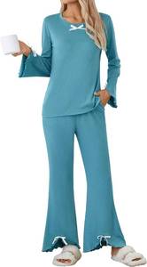 lot 1234 image: Blooming Jelly Womens Pajama Sets 2 Piece Long Sleeve Loungewear Set Flared Pj Set With Pockets Cute Bow Soft Sleepwear Blue Medium