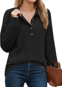 lot 1244 image: Cnlinkco Black Polo Shirts for Women Long Sleeve Blouses Work Casual Textured Tops Button Down V Neck Shirt Fall Black XL