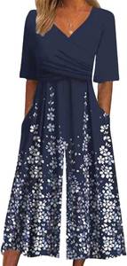 lot 1247 image: XNC Womens Casual Jumpsuits 2025 Summer Trendy Wrap V Neck Short Sleeve Wide Leg Pants Floral Print Rompers with Pockets. Blue 3XL