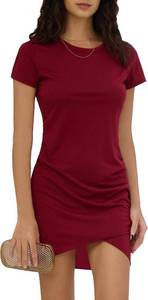 lot 1256 image: Round Neck Short Sleeve Sheath Dress Stretch Wrap Hip Dress Waist Pleats Under The Slit Design Fashion Dress Burgundy XS