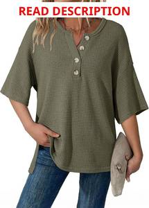 lot 1257 image: Dokotoo Womens Summer Tops Casual Waffle Knit Short Sleeve Henley Shirts Oversized 14 Button Neck Tunic Blouses Black Medium