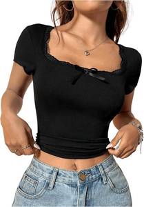 lot 1272 image: RoseSeek Womens Lace Trim Bowknot Square Neck Short Sleeve Tops Slim Fit Crop Tops Ribbed Knit Summer T-Shirts Black Medium