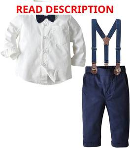 lot 1276 image: SANGTREE Boys Gentleman Clothes Set, Short Sleeve Shirt with Bowtie  Suspender Pants Outfit, Tan Pants White Shirt with Blue Stripes 12-18 Months