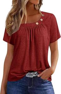 lot 1282 image: PrinStory Womens Short Sleeve Tops Summer Fashion Irregular Neck Knitted Tunic Tops Casual Loose Pullover Shirts Wine Red Large