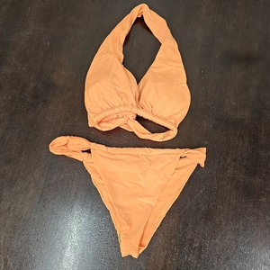 lot 1283 image: Jolefille Women Thong Bikini Set Brazilian Two Piece Swimsuit High Cut Cheeky Bathing Suit Halter Triangle Top String Bottom, Orange X-Large