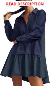 lot 1288 image: Fisoew Womens Oversized Sweatshirt Dress Long Sleeve V Neck Patchwork Casual Pullover Tops Loose Fit Mini Dresses Tan and Blue Medium