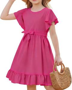 lot 1291 image: RETSUGO Girl Spring Summer Dresses Butterfly Sleeve Cotton A Line Ruffles School Dress Pink 12-13 Years Kids