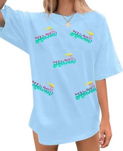lot 1297 image: Hawaiian Shirts for Women Hawaii Flower Shirt Aloha Graphic T Shirt Oversized Tropical Clothes Summer Vacation Tee Tops Blue Large