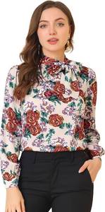 lot 1303 image: Allegra K Womens Bow Tie Neck Puff Sleeve Floral Elegant Work Top Blouse Beige Floral Medium