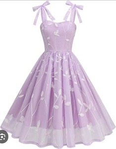 lot 1304 image: IDOPIP Women Vintage Bowknot Swing Dress Elegant Leaf Embroidery Mesh Dress 1950s Retro Cocktail Prom Gown Formal Midi Dress Purple XXL
