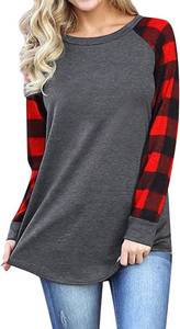 lot 1307 image: Smile Fish Womens Crewneck Raglan Long Sleeve Shirts Buffalo Plaid Relaxed Fit Christmas Top Tees Red Dark Grey Large
