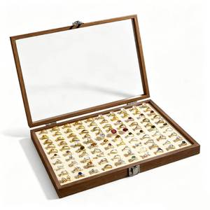 lot 1333 image: kaysqdxssy 100-Slot Ring Organizer Box, Wooden Jewelry Display Case with Clear Lid, Walnut-Grain Finish & Ivory Velvet Interior, Elegant Ring Storage Holder for Dresser, Vanity, Boutique Display