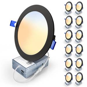 lot 1345 image: Veriligt 12 Pack 6 Inch 5CCT LED Recessed Light, Silm Canless Recessed Lighting, Dimmable, Damp Rated, 2700K-5000K, Wafer Ceiling Downlight with Junction Box, 1200LM, 12W 120V, Black, ETL&FCC