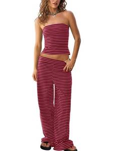 lot 2231 image: Tankaneo Womens Striped 2 Piece Sets Summer Strapless Crop Tube Tops Wide Leg Pants Matching Lounge Set Vacation Outfits L