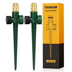 lot 2303 image: FANHAO 2 Pack Metal Lawn Sprinkler for Yard, Automatic Garden Water Sprinkler on Spike Base, Adjustable Irrigation System 360 Degree Large Area Coverage for Lawn Grass Patio Garden Irrigation