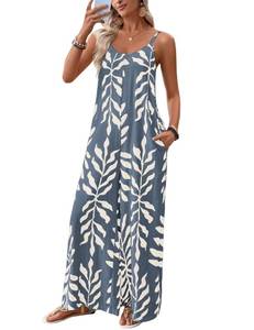 lot 2316 image: Yeokou Women Leaf Print Spaghetti Straps Wide Leg Casual Boho Overalls XS