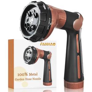 lot 2319 image: FANHAO Garden Hose Nozzle, 100% Heavy Duty Metal Water Hose Sprayer with 8 Spray Patterns, High Pressure Water Nozzle with Thumb Control, On Off Valve for Watering Plants, Washing Cars & Pets, Brown