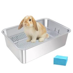 lot 3794 image: HUQIZOO Stainless Steel Rabbit Litter Box,Bunny Litter Pan with Widened Grid,Toilet Tray,High Back Wall,Deep Waste Storage (Medium)