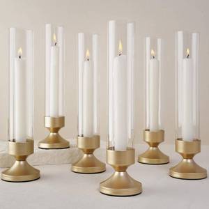 lot 5840 image: Hurricane Glass Candle Holders, Set of 6 Metal Taper Candlesrick Holders for Centerpieces Tall Gold Candle Stands Bulk with Glass Cylinder for Wedding Birthday Party Table Decor